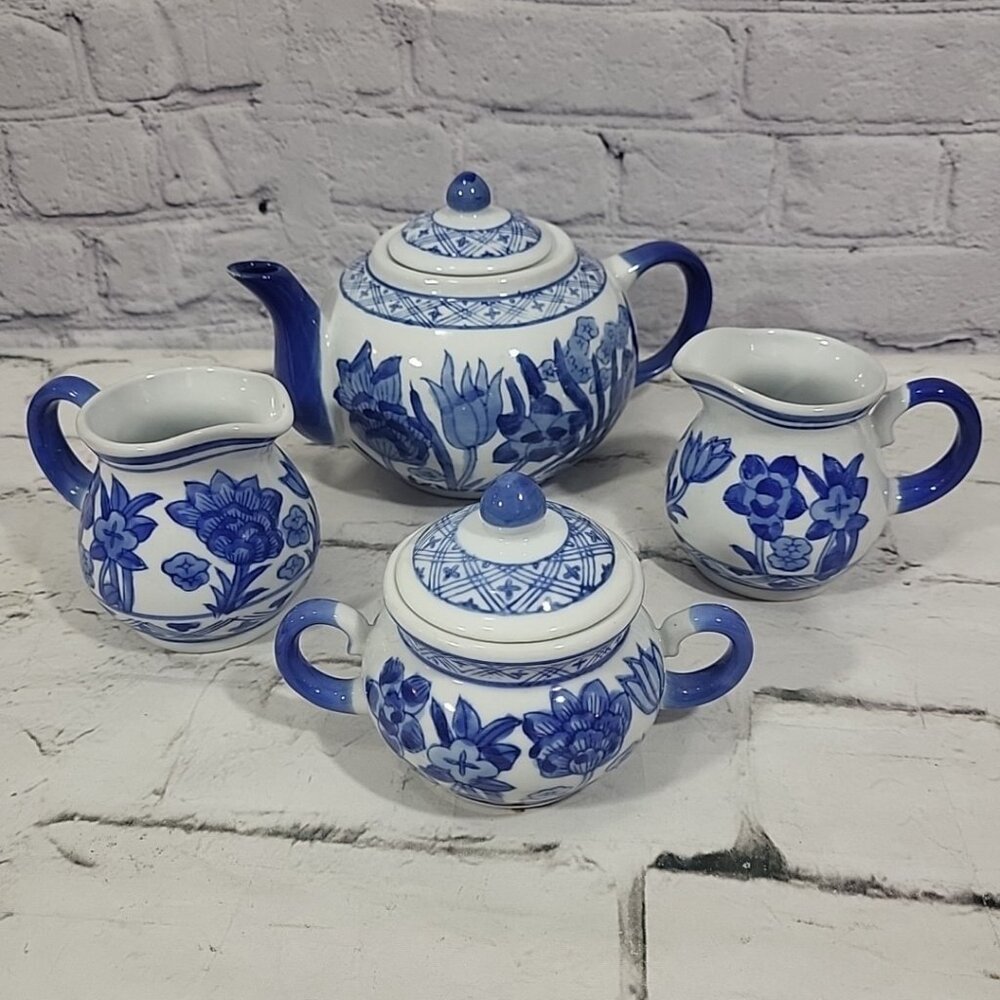 Vintage April Cornell Tea Service 4pc‎ Set Porcelain Teapot Creamer Sugar Bowl